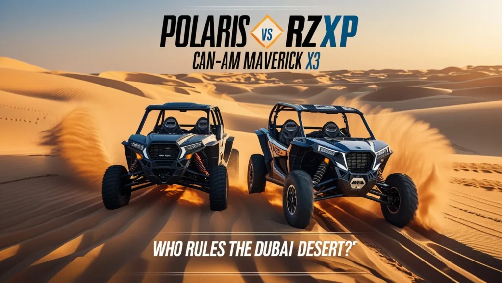 Polaris RZR XP racing against Can-Am Maverick X3 in the golden Dubai desert dunes at sunset, showcasing high-speed off-road action and adventure.